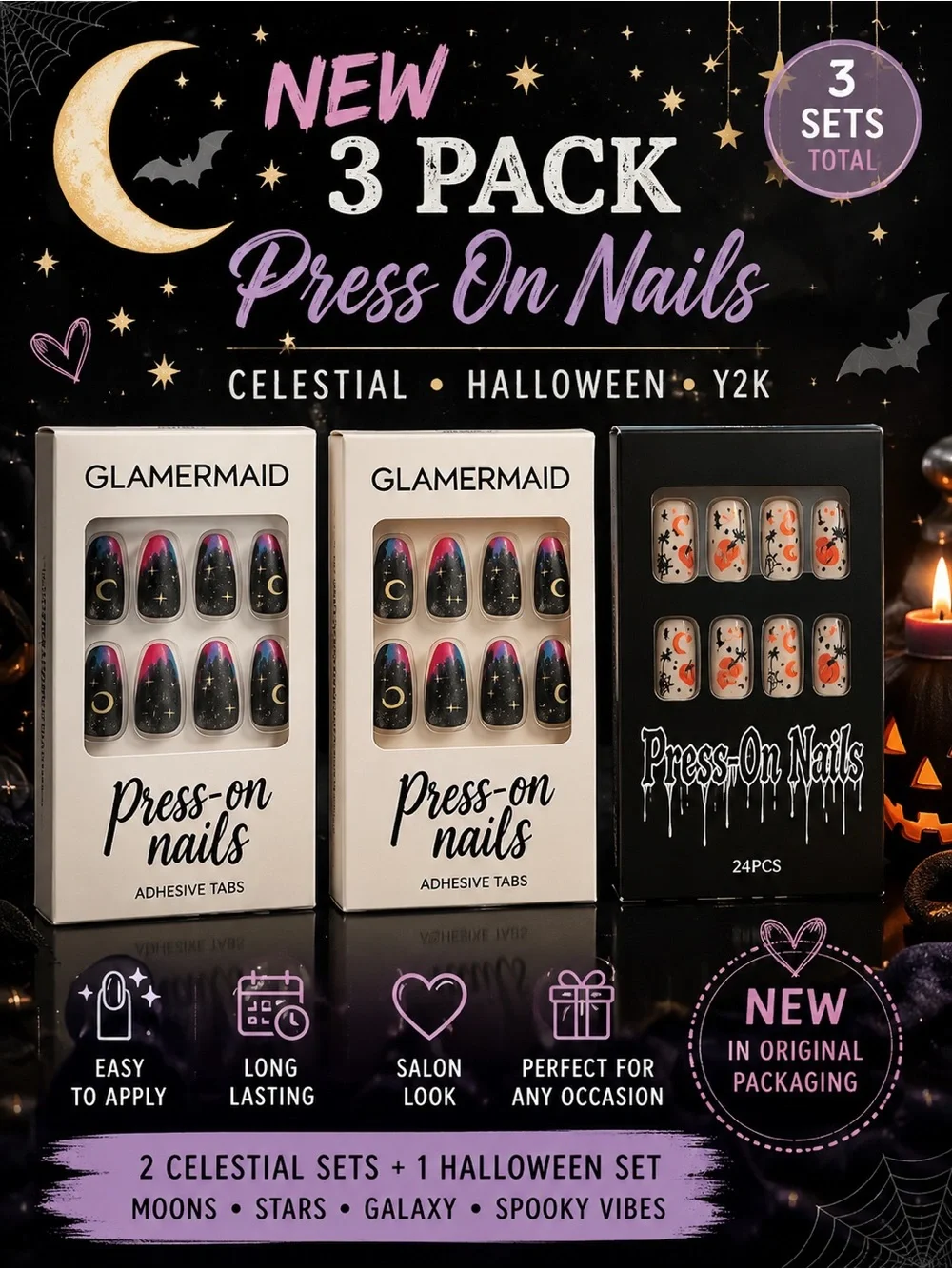 NEW 3 Pack Press On Nails Halloween Celestial Moon Stars